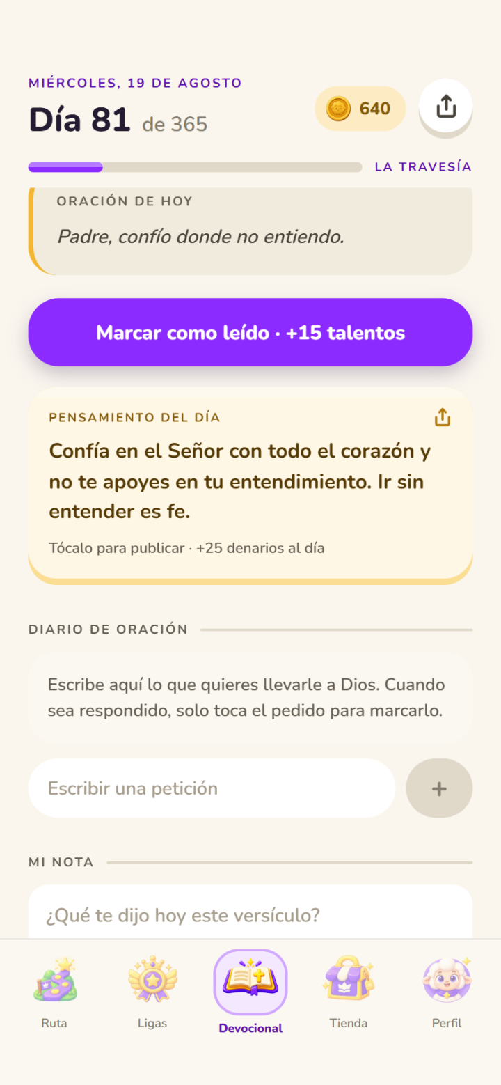 El devocional del día, con el versículo y el comentario del mentor