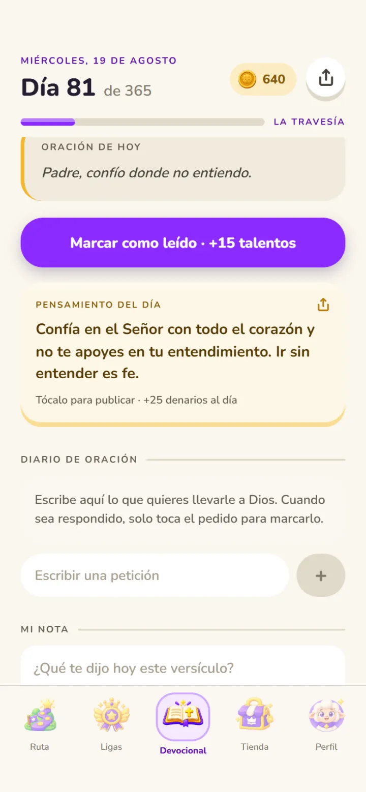 El devocional del día, con el versículo y el comentario del mentor