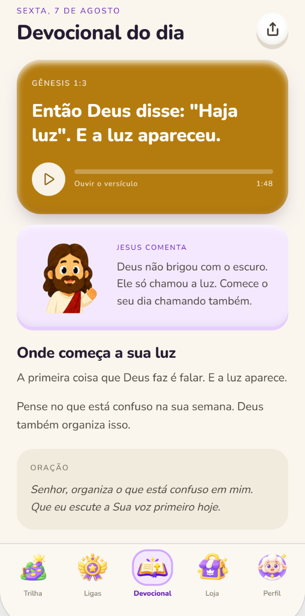 O devocional do dia, com o versículo e o comentário do mentor