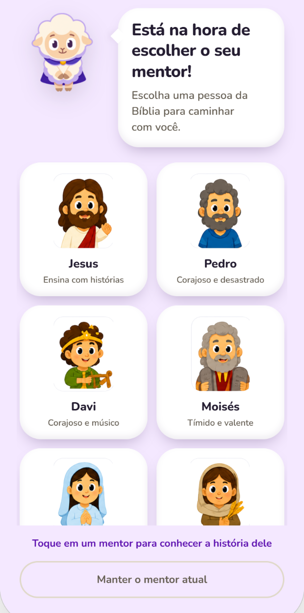 Tela de escolha do mentor, com Jesus, Pedro, Davi e Moisés lado a lado